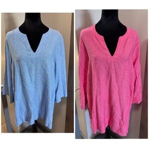 Bundle of 2 Lands' End Linen Blend V-Neck Tunic Tops Pink‎ Blue 3/4 Sleeve L